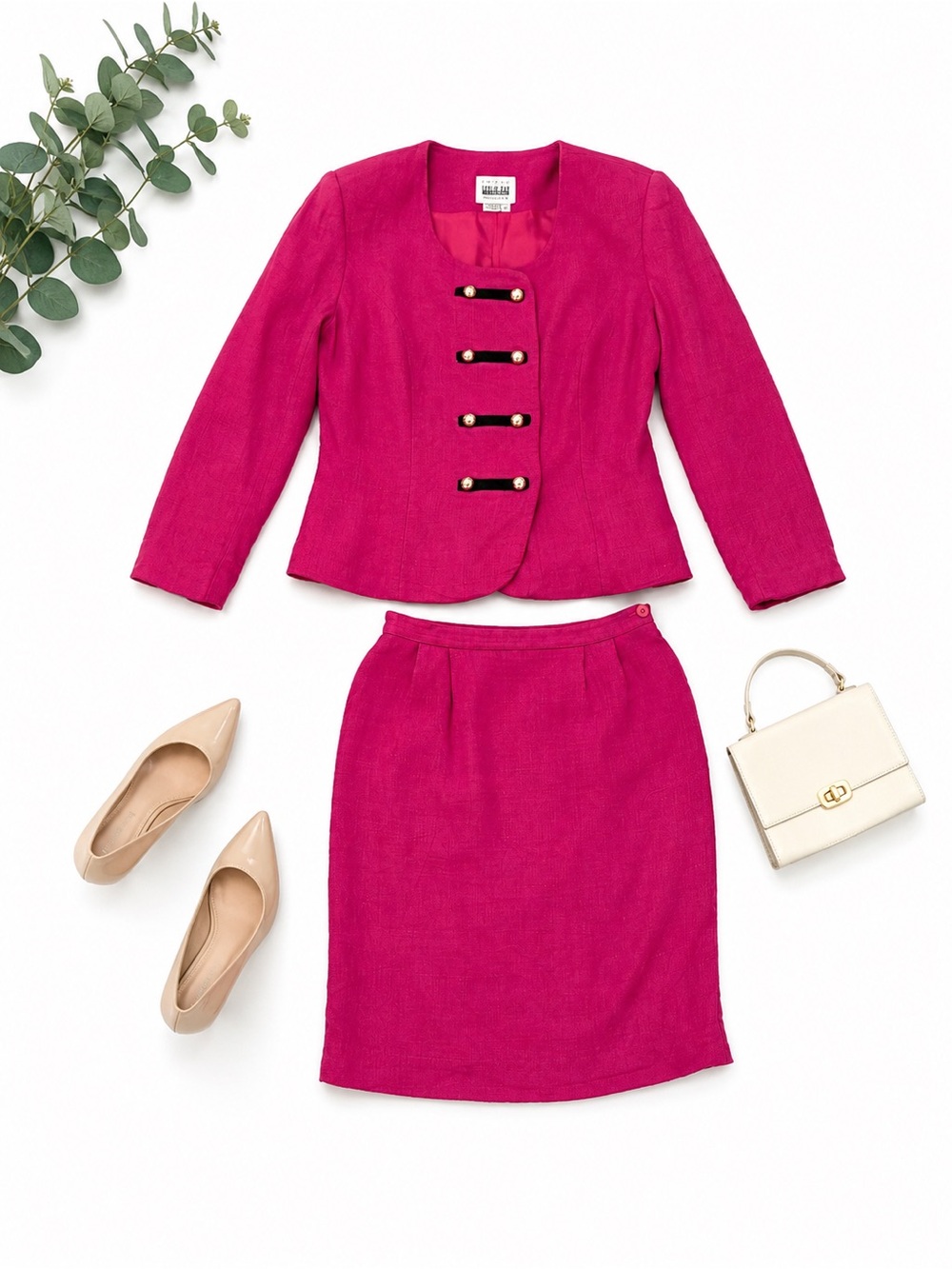 Leslie Fay Hot Pink Skirt Suit with Gold Button Accents